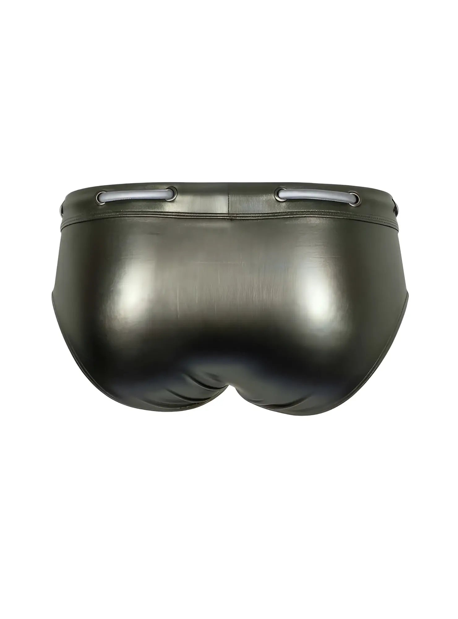 Black shiny faux leather swim trunks with silver toned metal eyelets at the waistband tartarus side track metallic brief