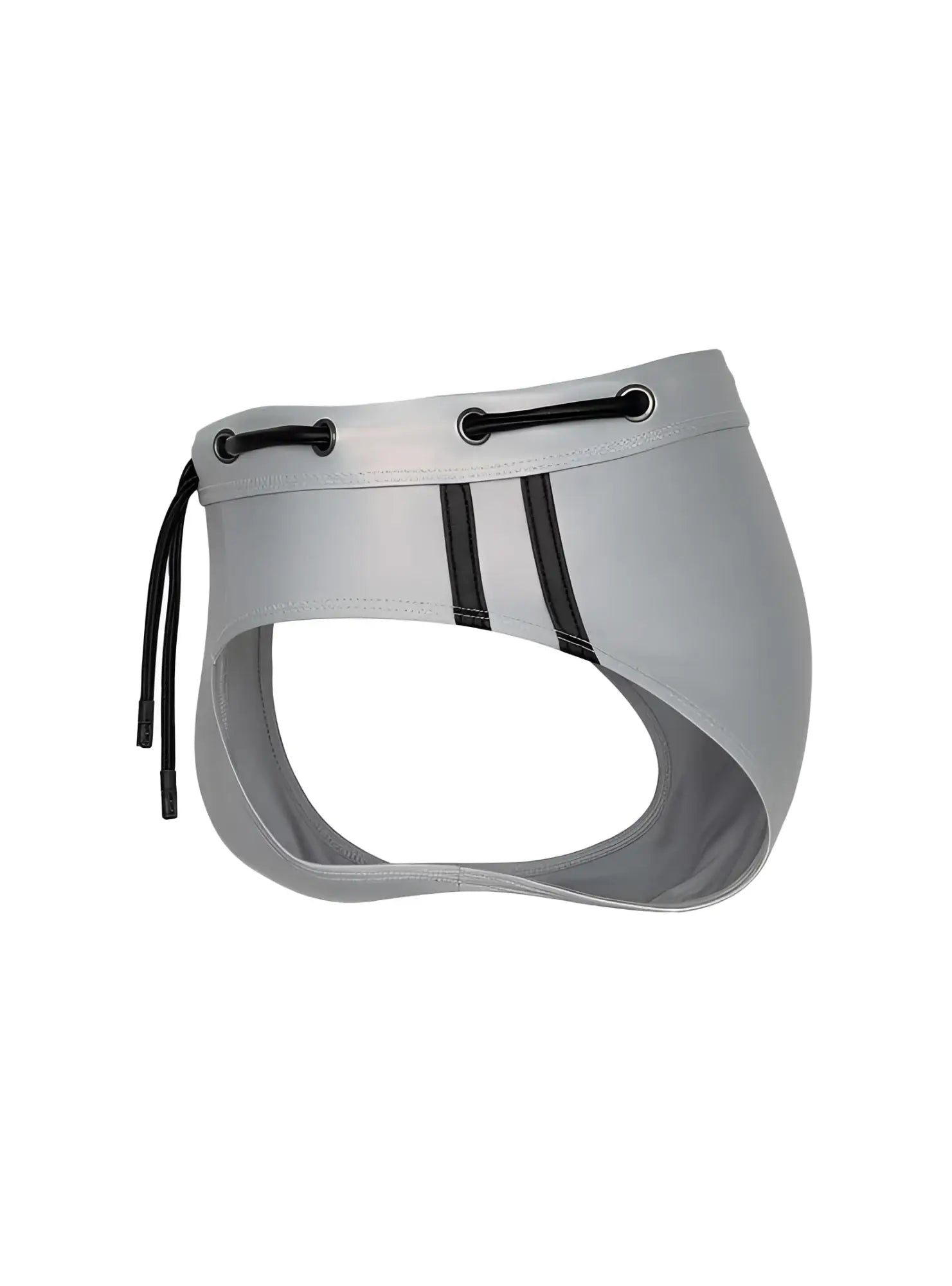 Gray tartarus side track metallic brief swim trunks with black side stripes and adjustable drawstrings front view
