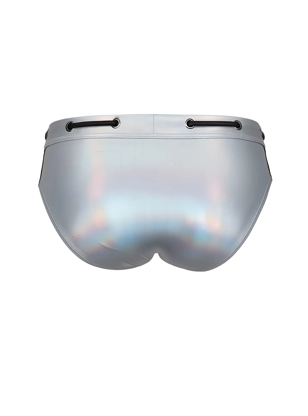 Silver holographic tartarus side track metallic brief swim trunks with black lace-up ties at the waist