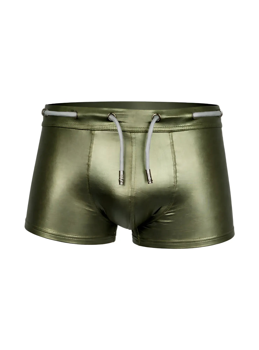 Olive green metallic tartarus side track swim trunks with white drawstrings and silver metal aglets