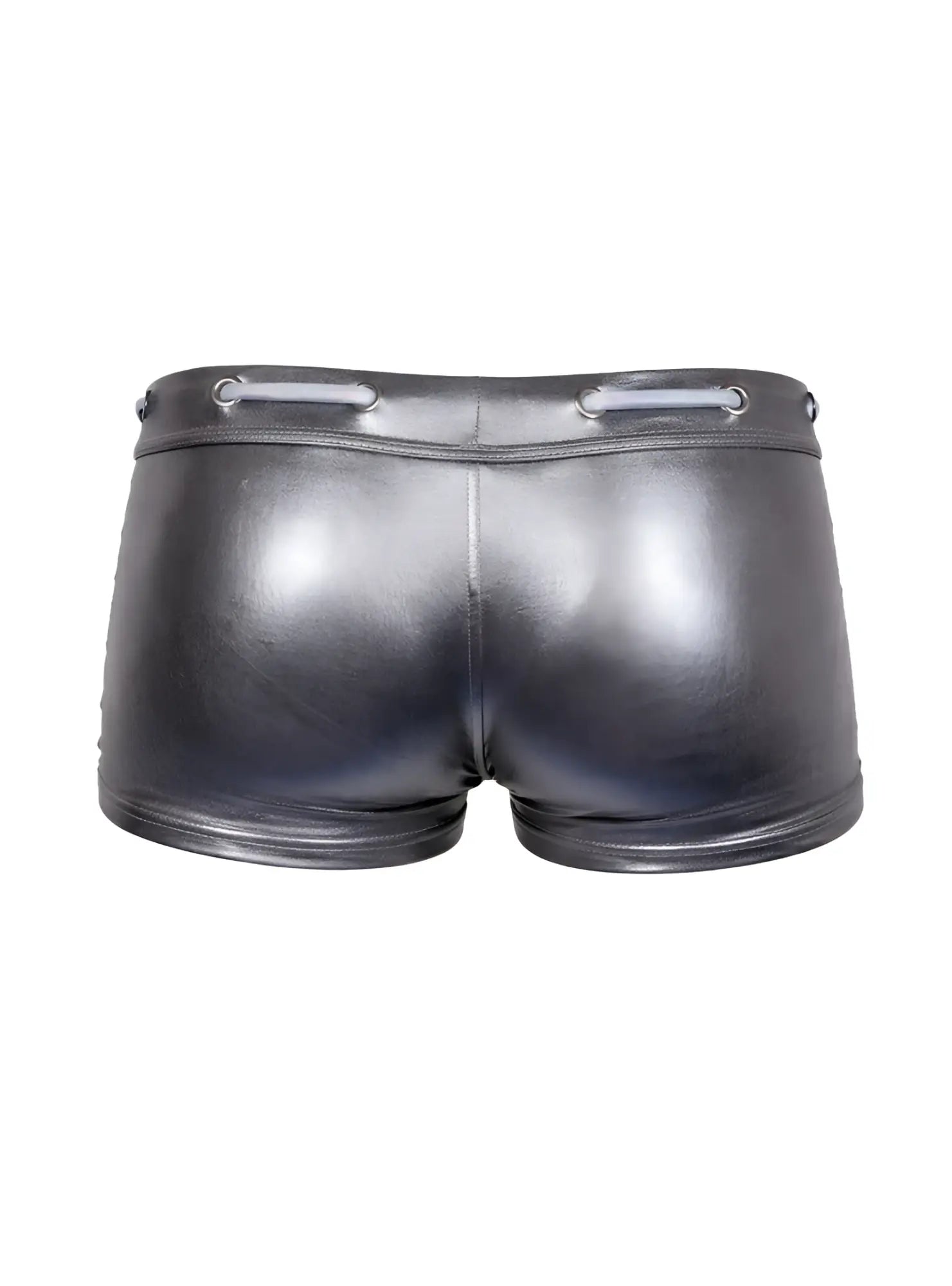 Shiny black faux leather tartarus side track metallic trunk shorts with silver-toned lace-up waistband detail