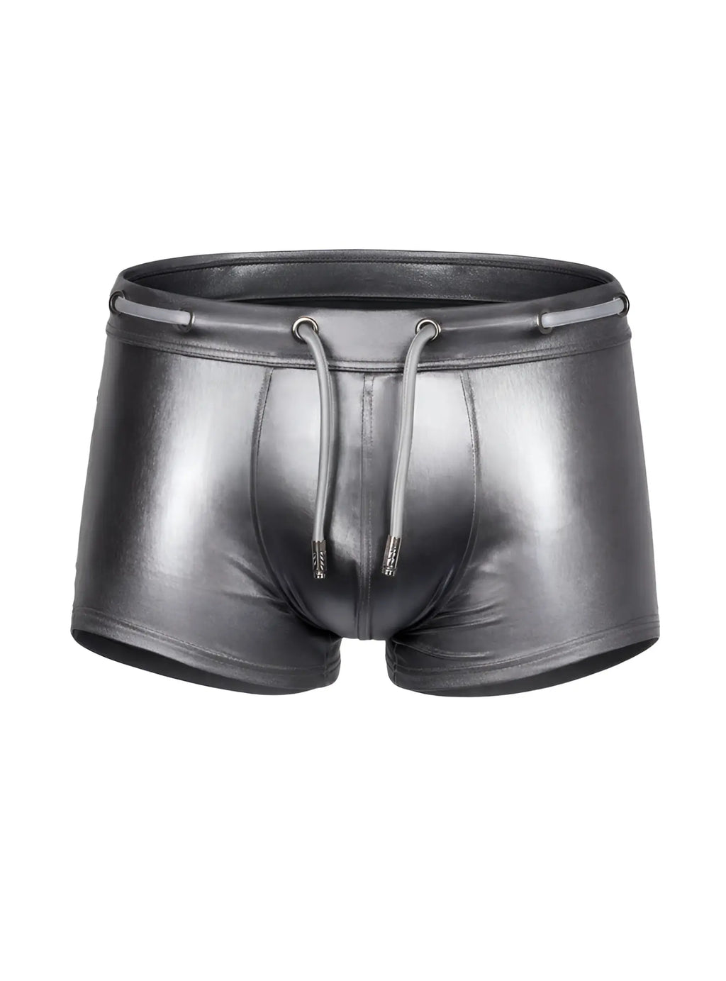 Tartarus side track metallic trunk shiny black faux leather swim trunks with drawstring waistband