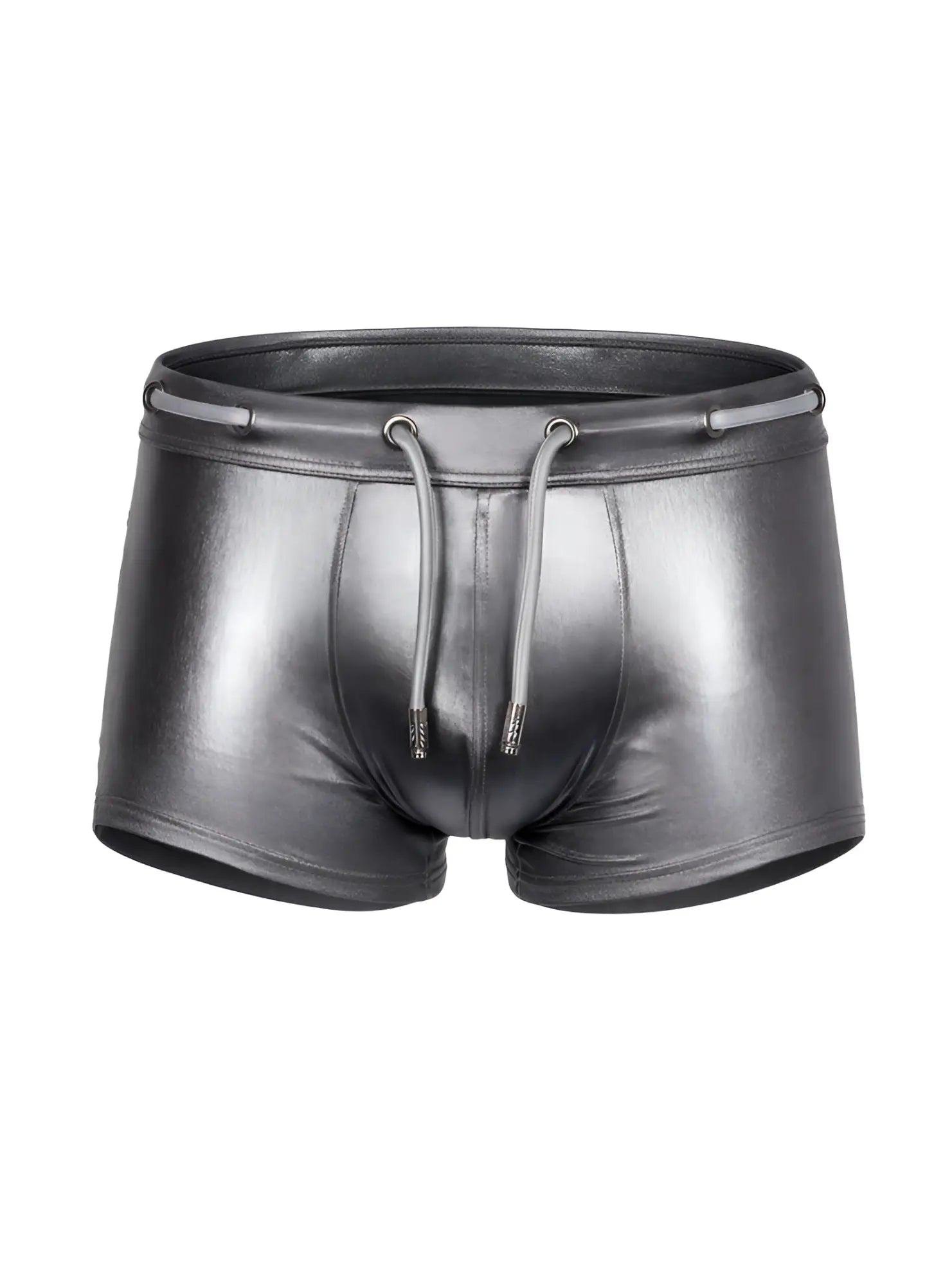 Tartarus side track metallic trunk shiny black faux leather swim trunks with drawstring waistband