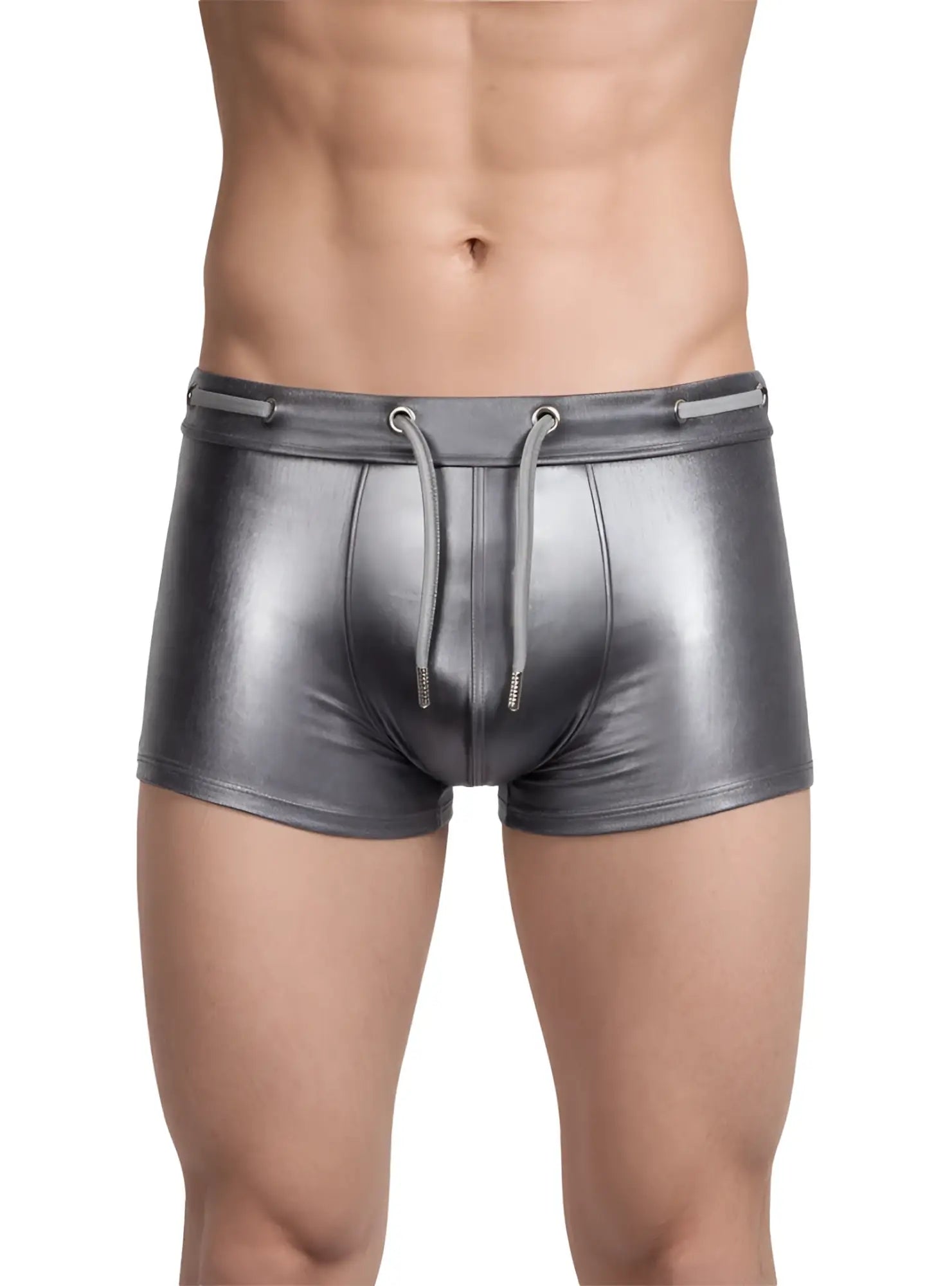 Shiny metallic gray swim trunks tartarus side track metallic trunk with drawstring waistband for swimming