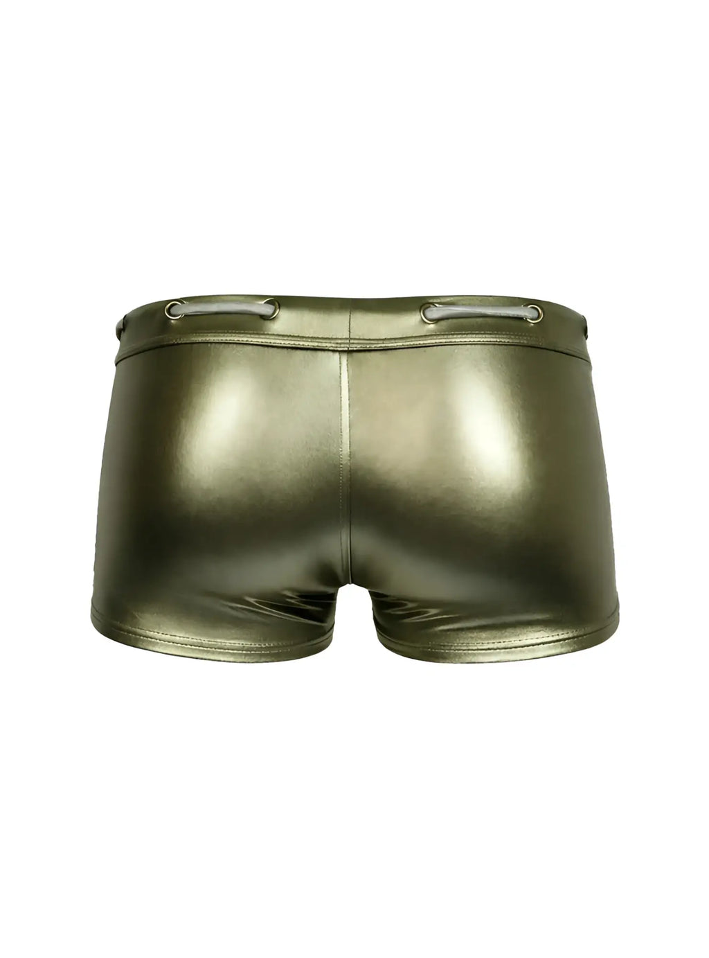 Shiny olive green metallic Tartarus side track metallic trunk shorts with sleek fit and silver lace-up waistband details