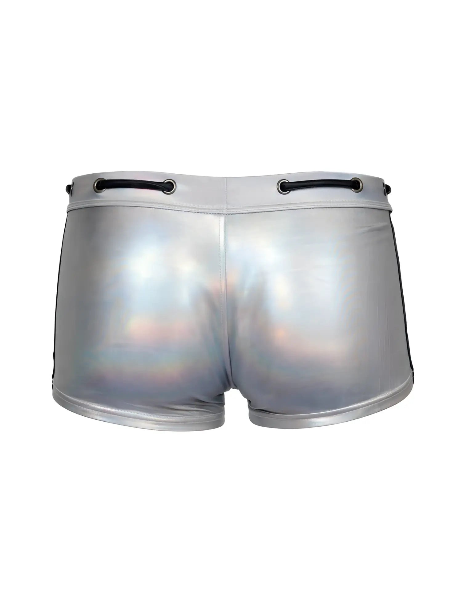Tartarus side track metallic trunk shiny silver holographic shorts with black side stripes and drawstring waistband