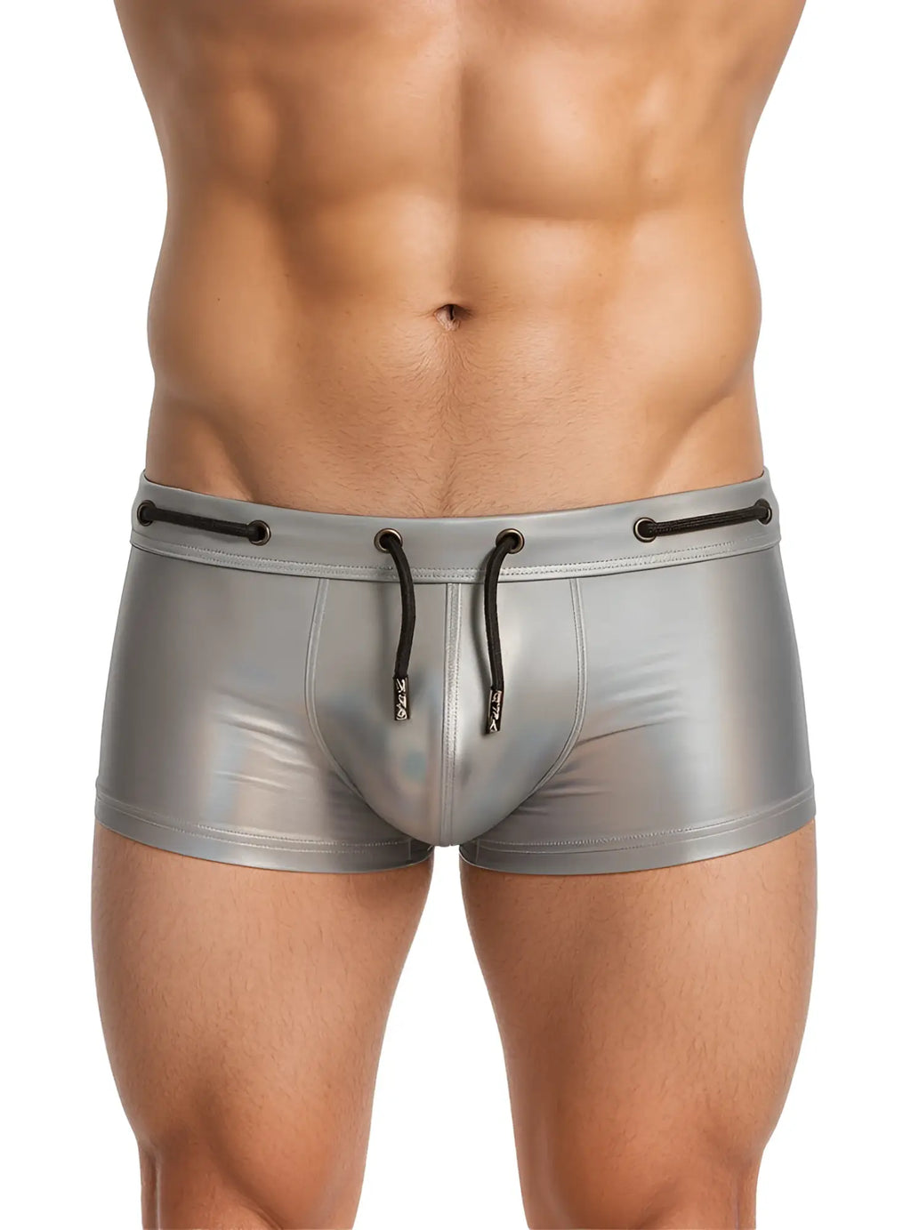 Shiny silver metallic swim trunks with black drawstrings tartarus side track metallic trunk front view
