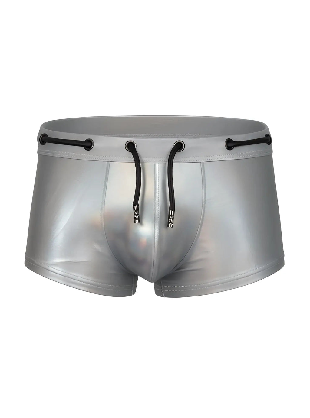 Tartarus side track metallic trunk silver swim trunks with black drawstrings and a sleek shiny finish