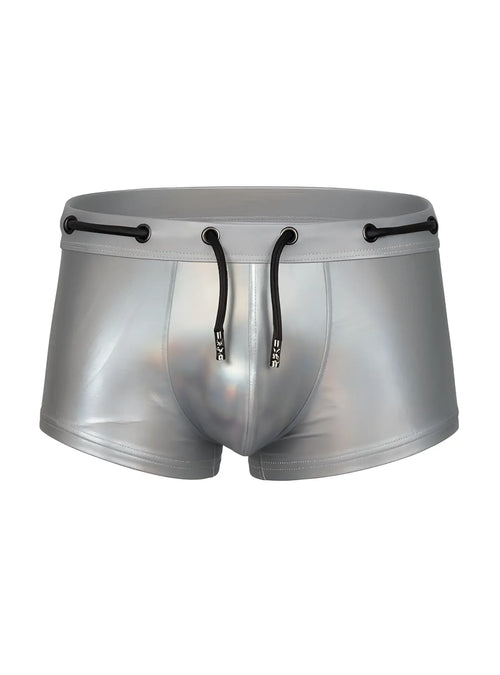 Tartarus side track metallic trunk silver swim trunks with black drawstrings and a sleek shiny finish