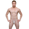White mesh one-piece swimsuit with thin straps and supportive pouch design in tartarus sling shot body thong style