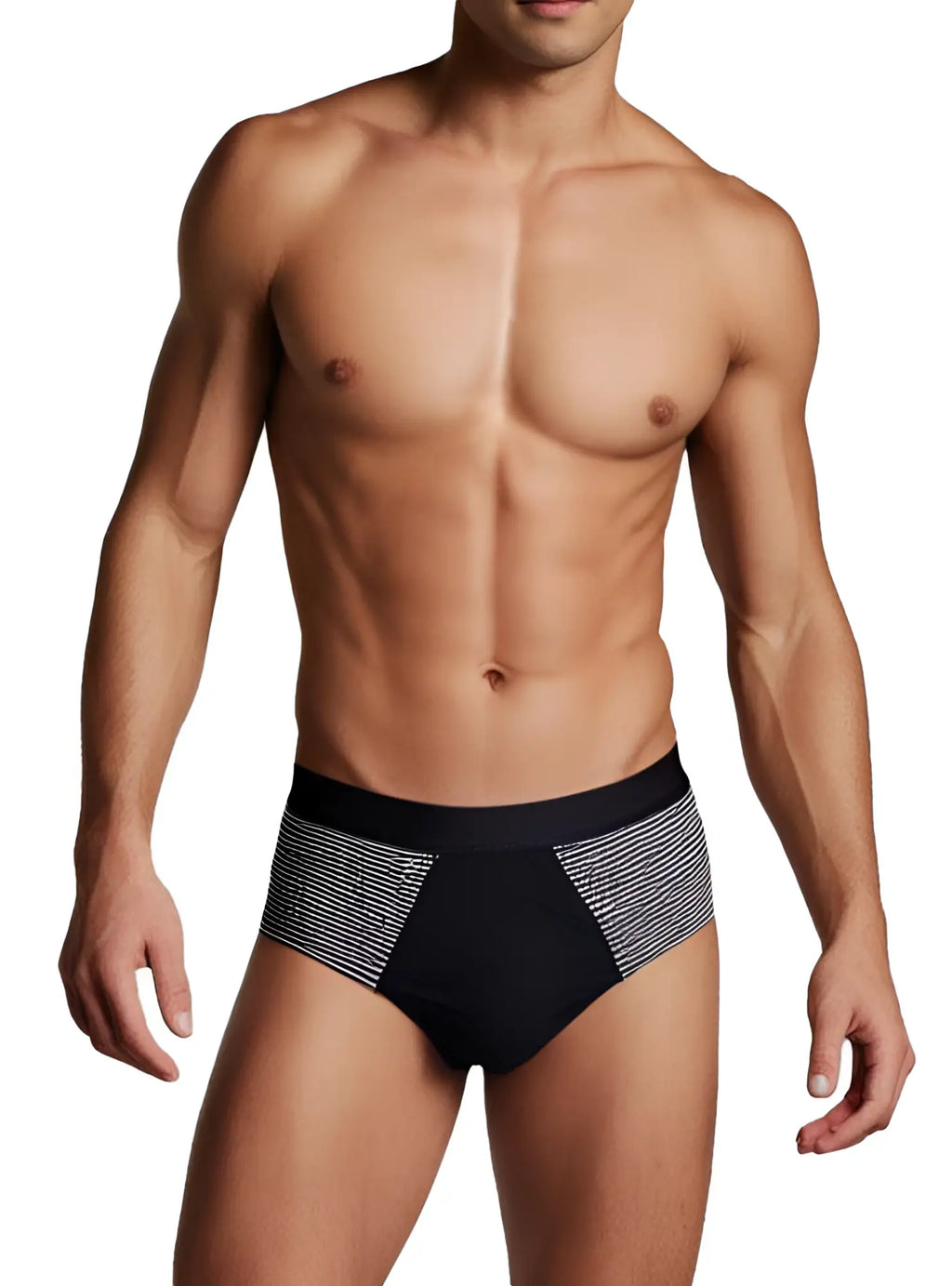 Black tartarus striped cotton brief featuring fine silver geometric stripes on the sides for comfortable wear