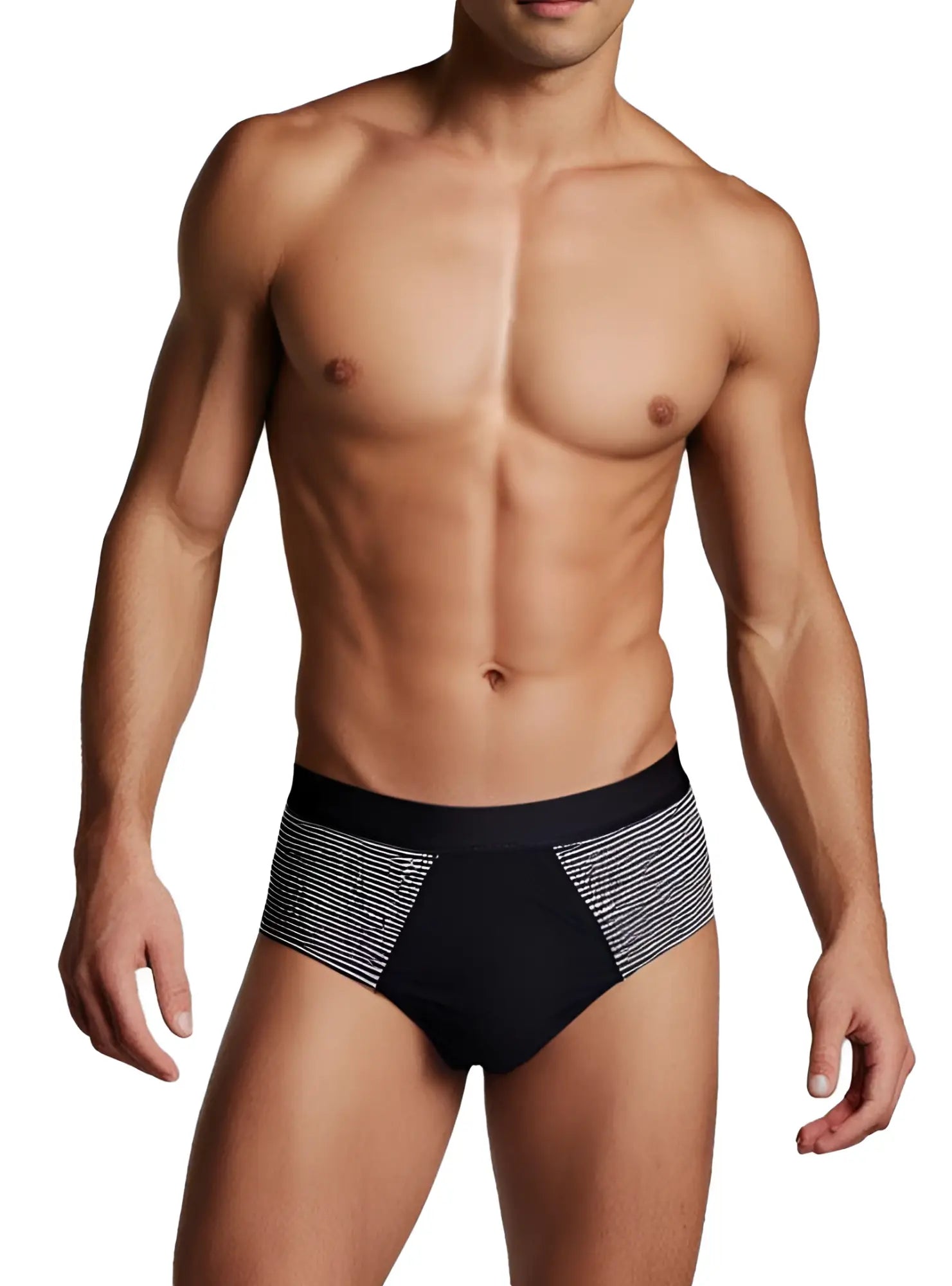 Black tartarus striped cotton brief featuring fine silver geometric stripes on the sides for comfortable wear