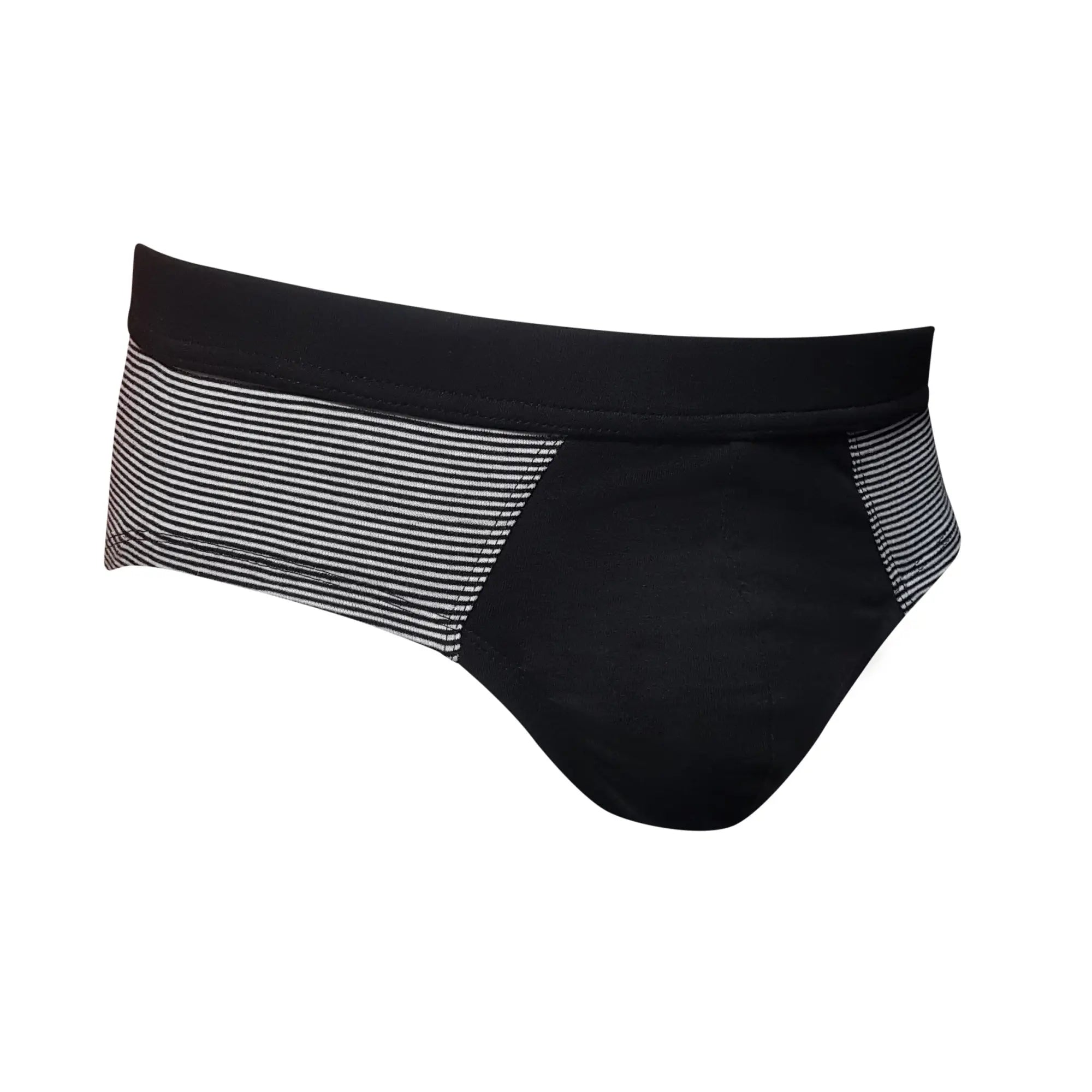 Black cotton swim trunks with striped side panels tartarus striped cotton brief front view