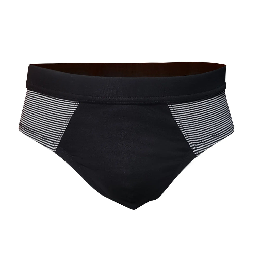 Black tartarus striped cotton brief swim trunks with white and gray striped side panels for beachwear