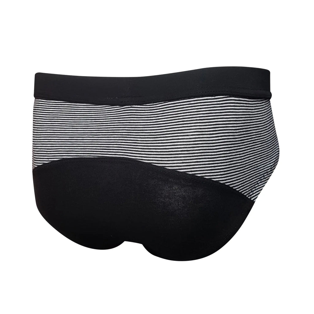 Tartarus striped cotton brief featuring black and white stripes with a solid black lower panel front view