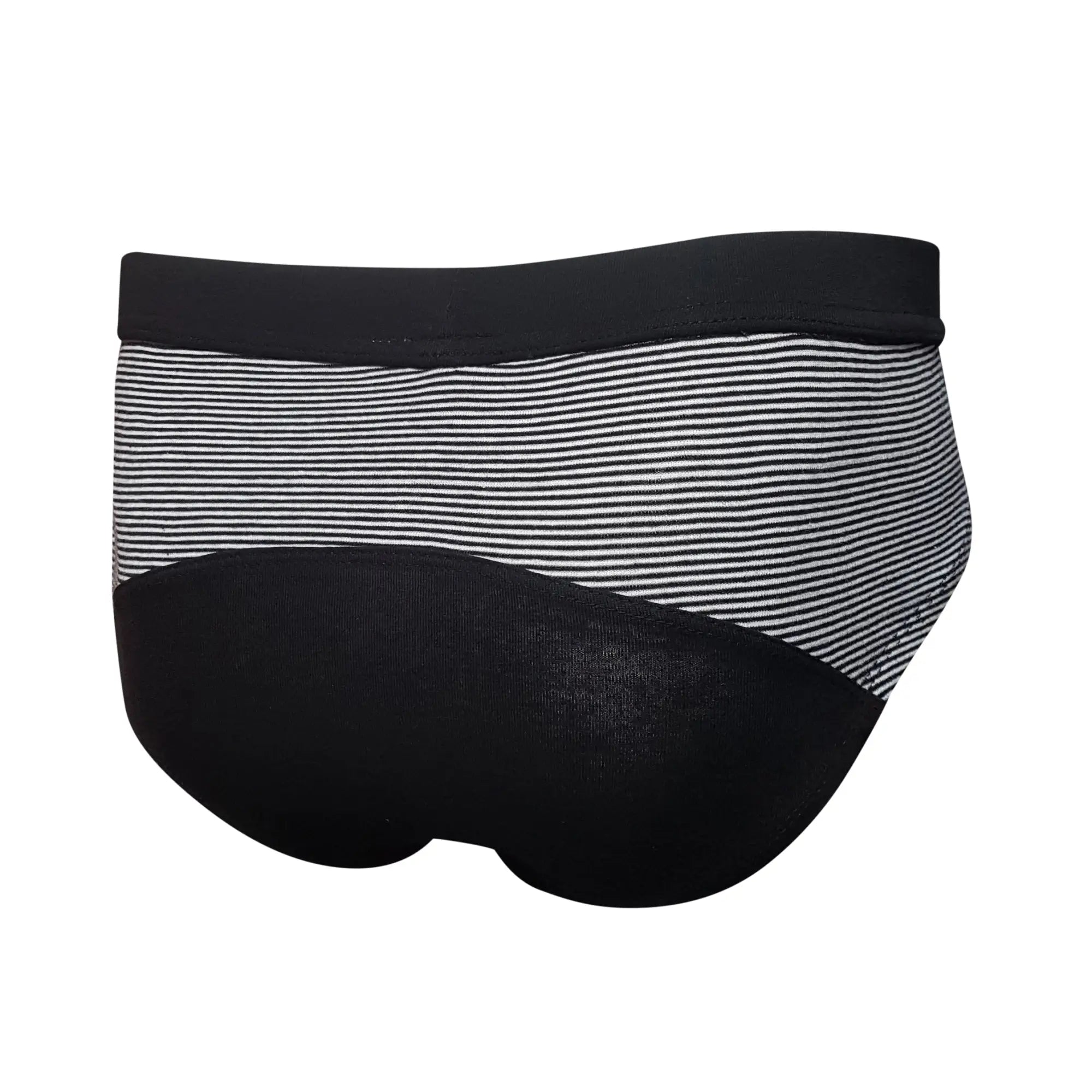 Tartarus striped cotton brief featuring black and white stripes with a solid black lower panel front view