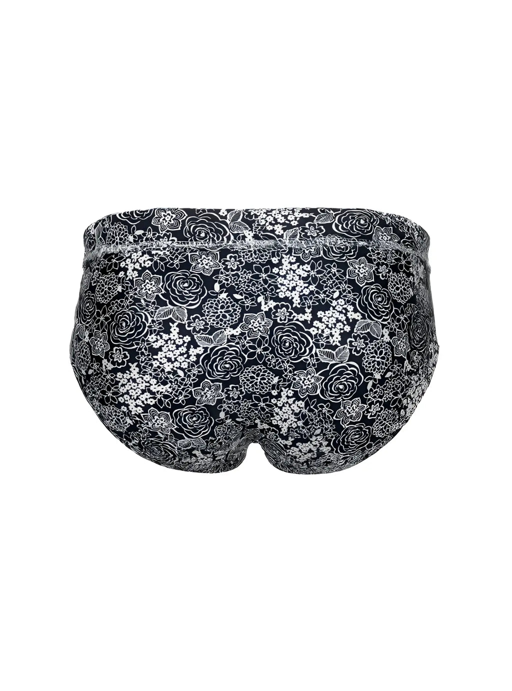 Tartarus swim brief in black floral-patterned fabric with delicate white and gray rose designs