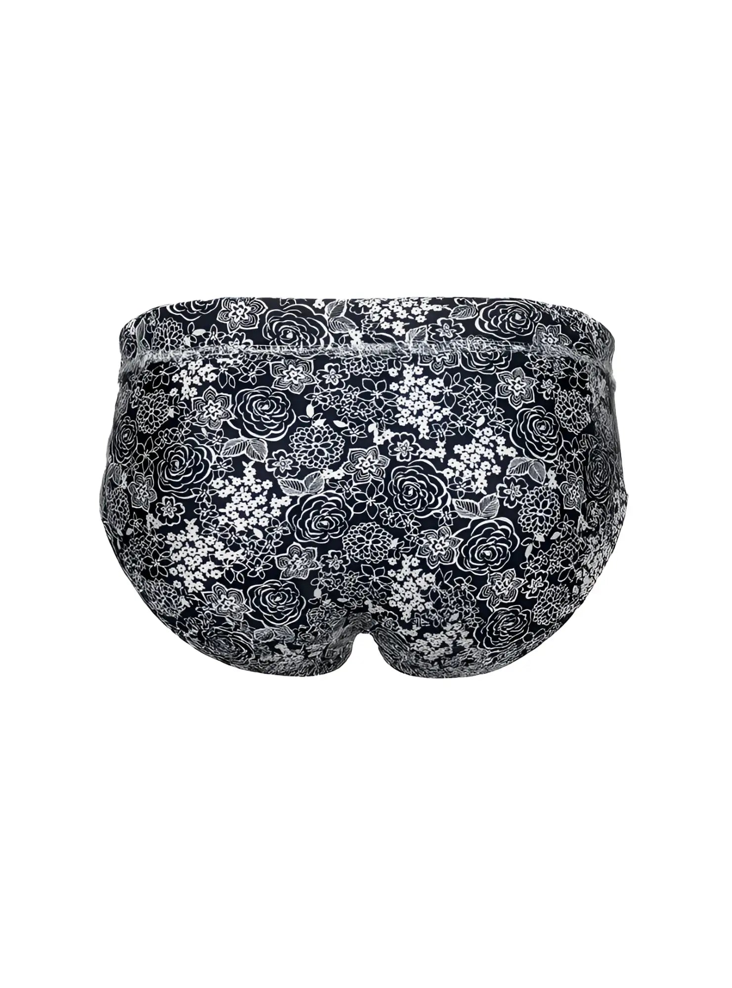 Tartarus swim brief in black floral-patterned fabric with delicate white and gray rose designs