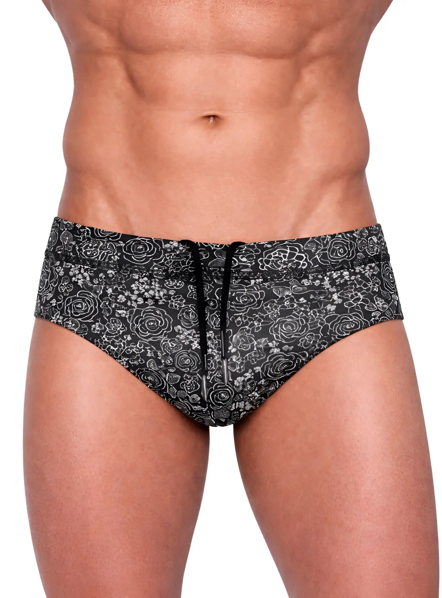Black tartarus swim brief with white floral pattern and black drawstring ideal for swimming and beachwear