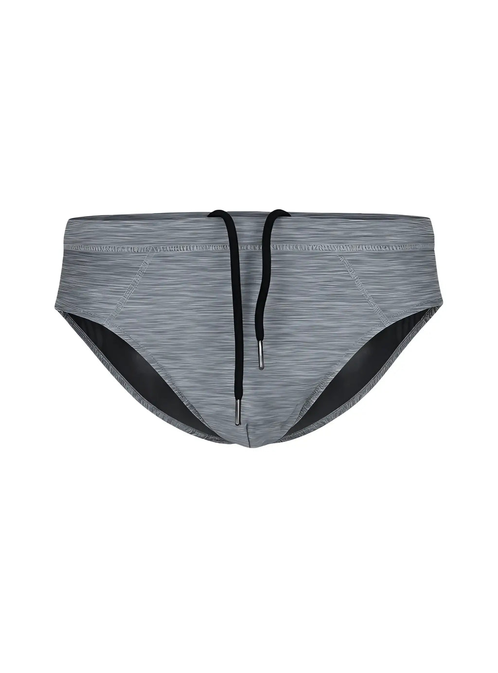 Gray heathered tartarus swim brief with black drawstrings and contrasting black inner lining for swimwear use
