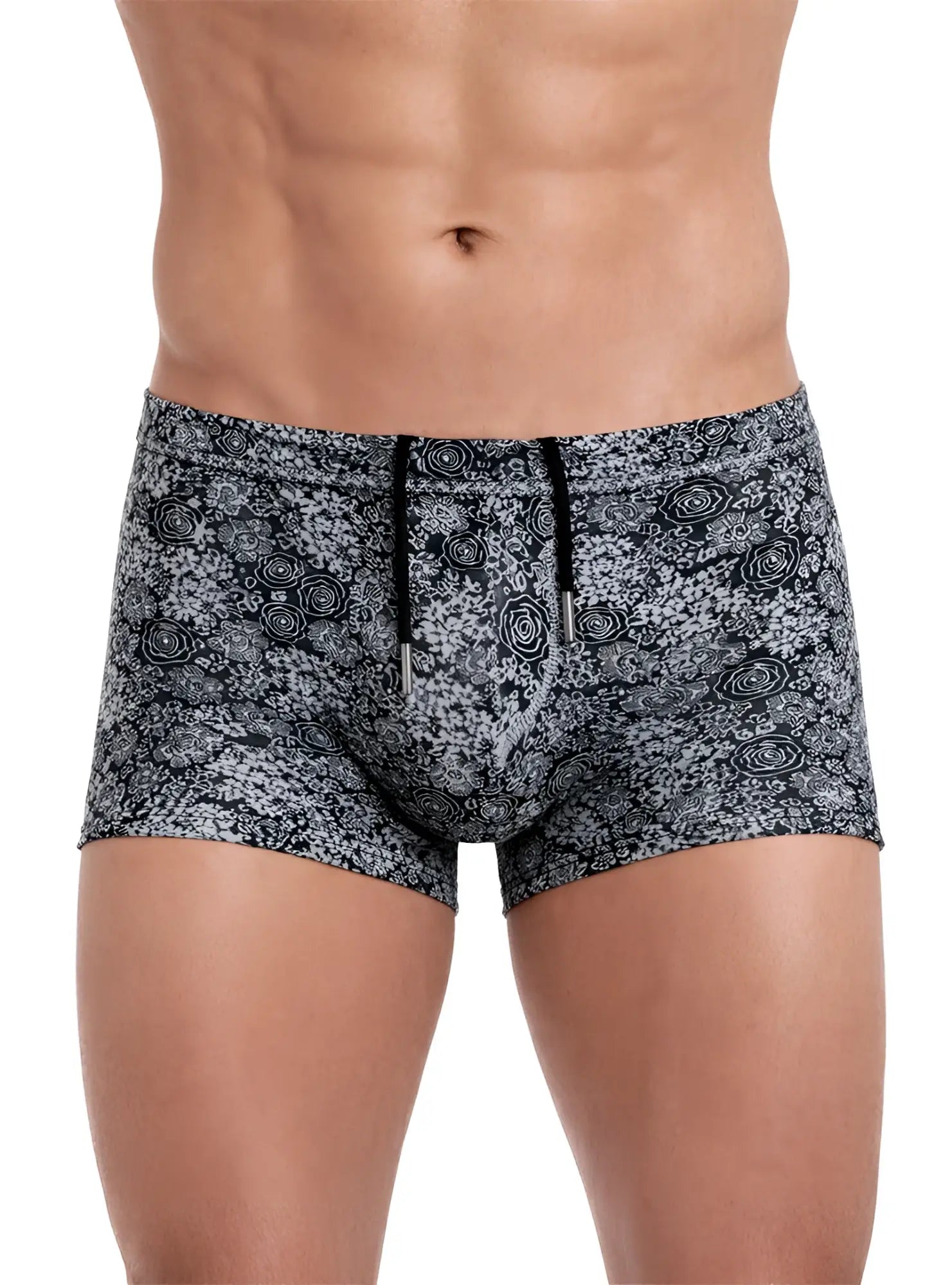 Black and gray floral-patterned tartarus swim trunk with drawstring waistband ideal for swimming and beachwear
