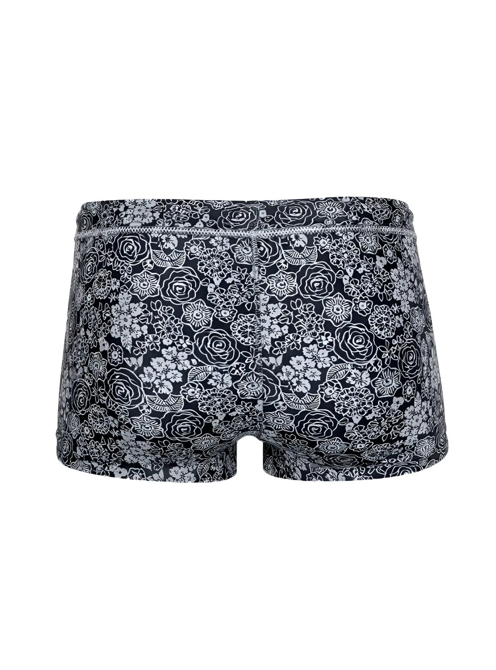 Black tartarus swim trunk briefs with intricate white floral pattern on fabric for stylish beachwear