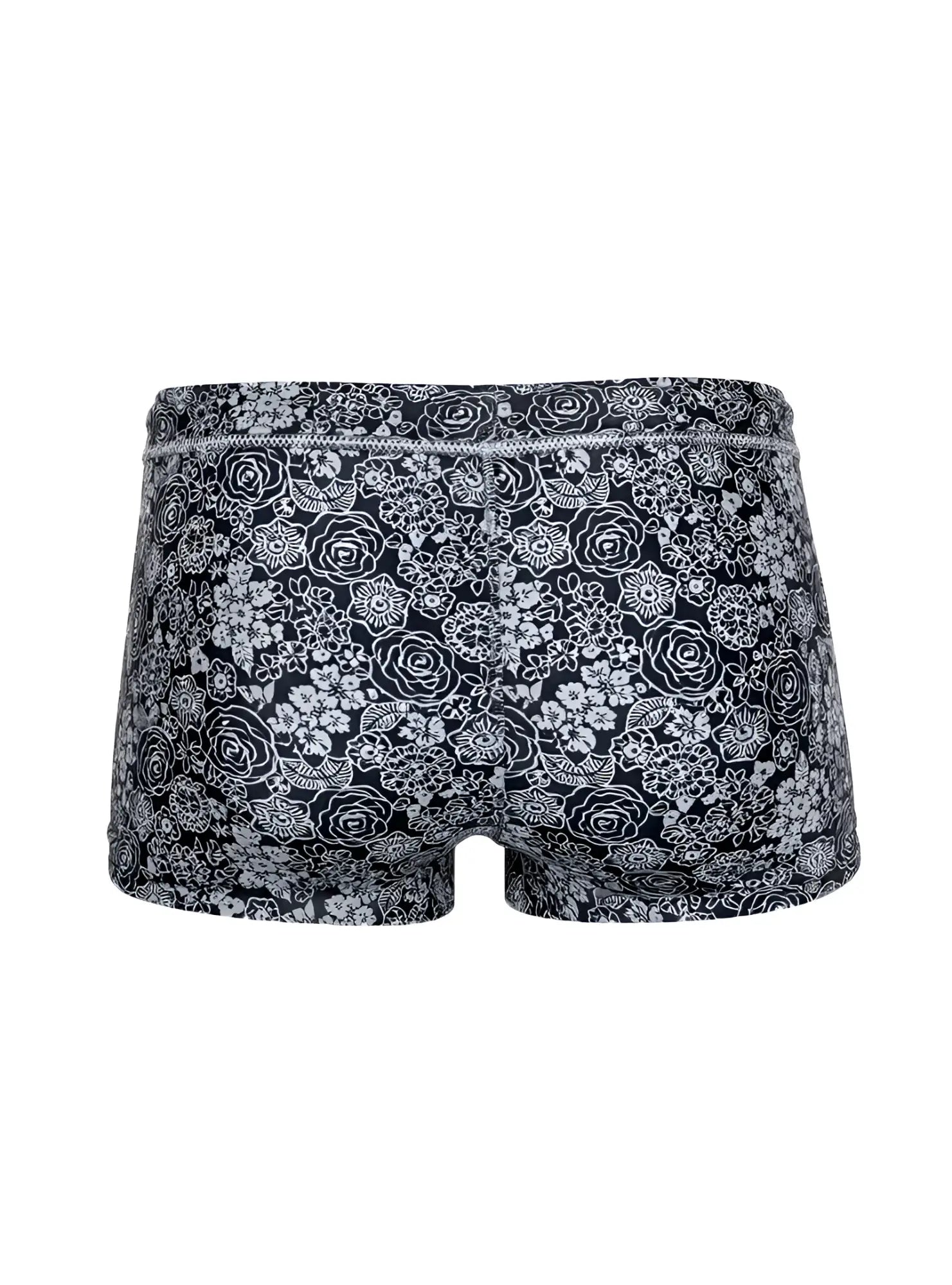 Black tartarus swim trunk briefs with intricate white floral pattern on fabric for stylish beachwear