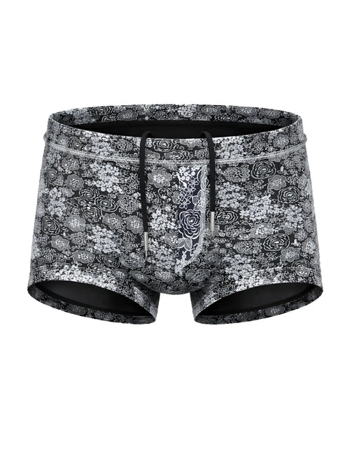 Black and white floral patterned tartarus swim trunk with drawstring waistband for comfortable beachwear
