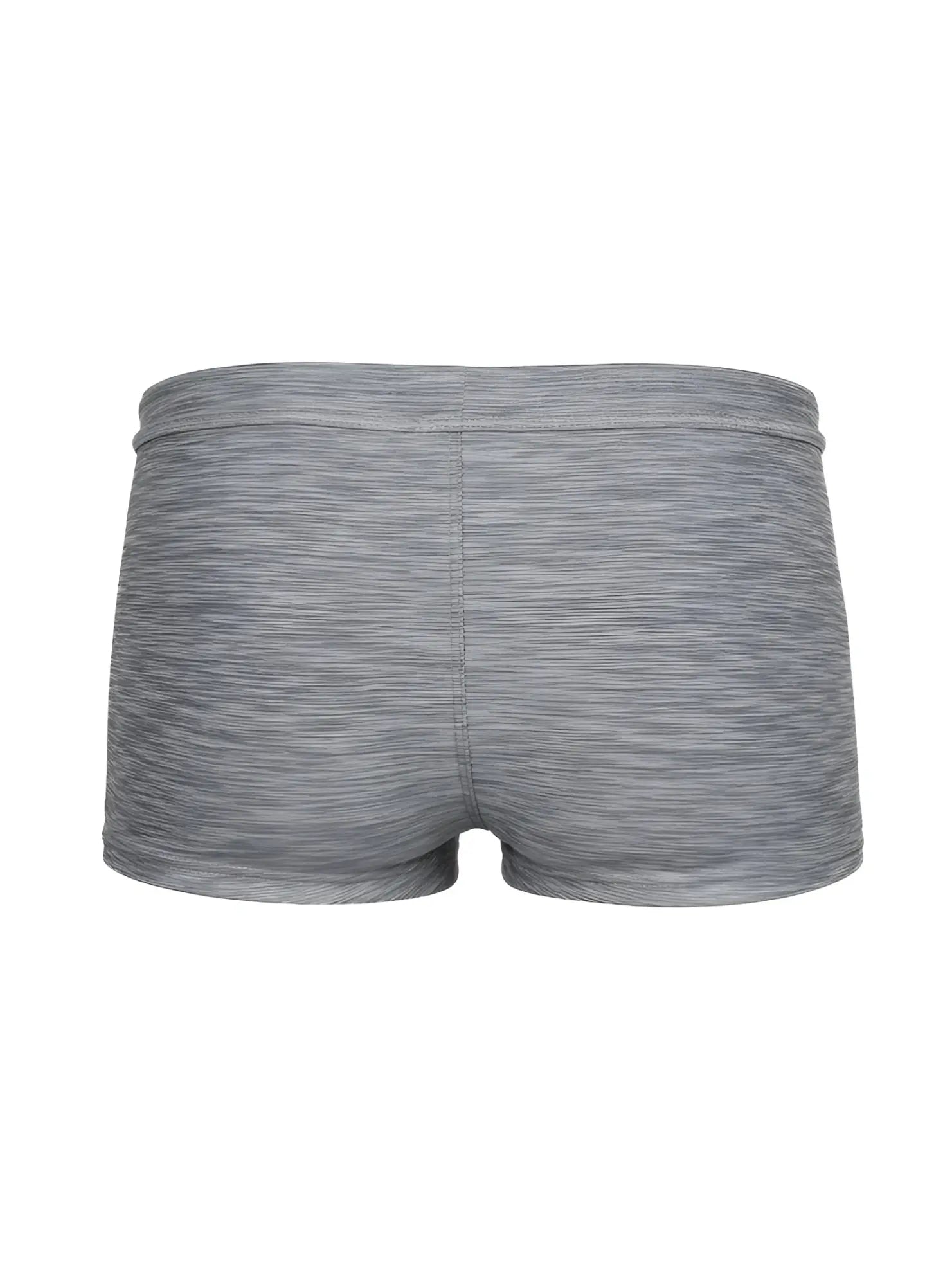Gray heathered tartarus swim trunk with snug elastic waistband and seamless construction for athletic use