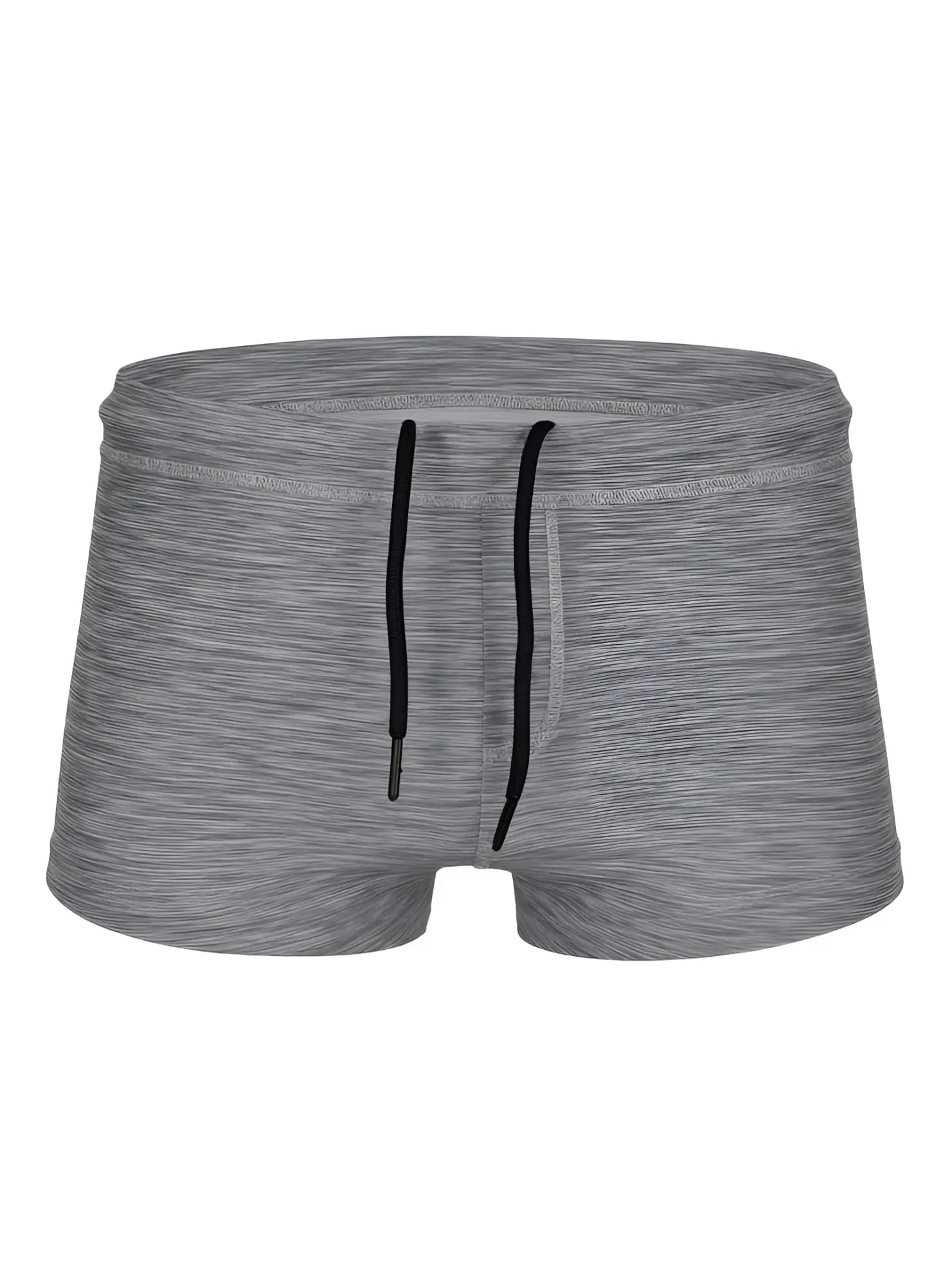 Gray heathered tartarus swim trunk with black drawstrings made for comfortable beach and pool wear