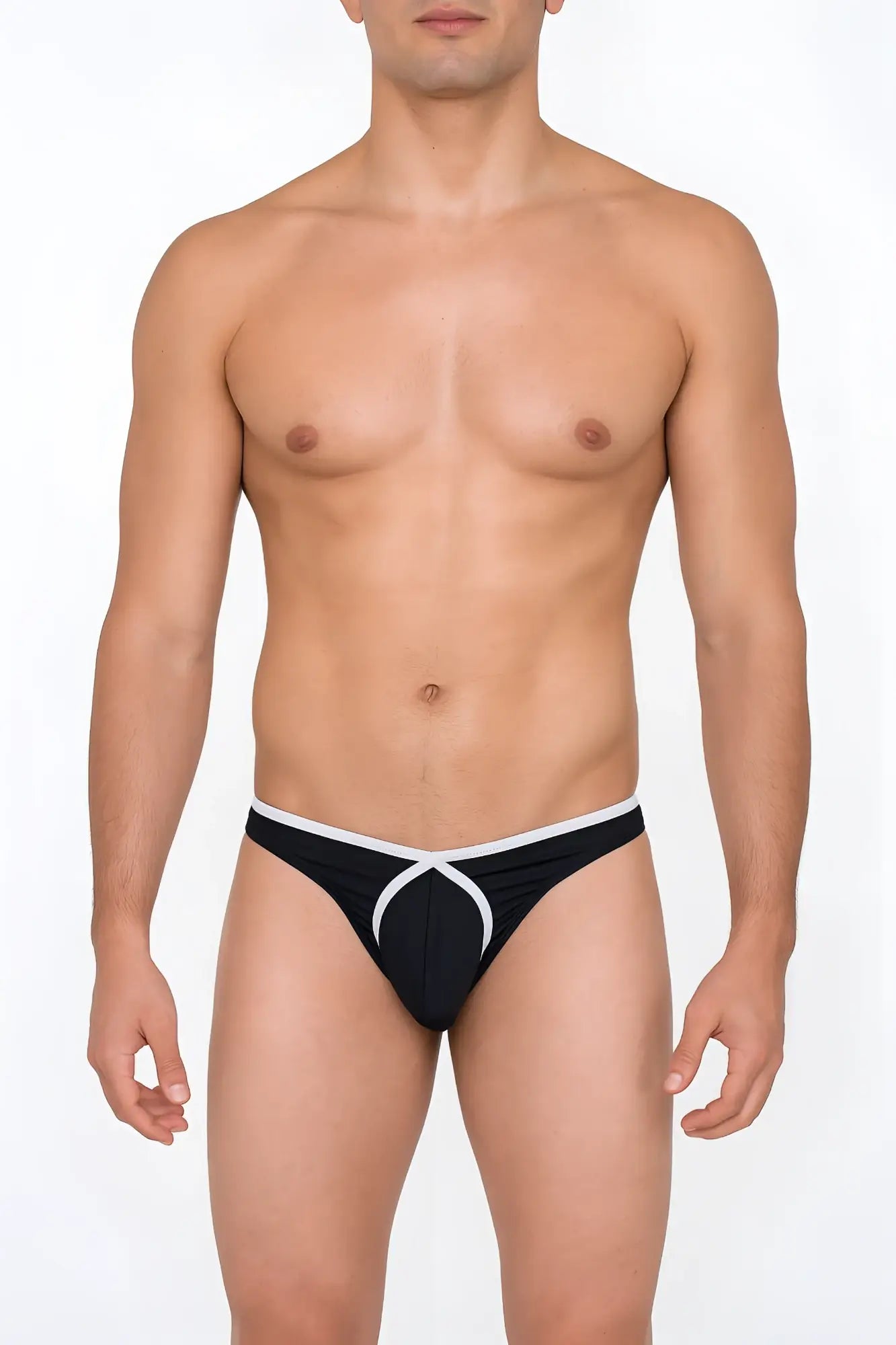 Black and white Tartarus Tear Drop thong featuring a distinctive curved front design for stylish comfort
