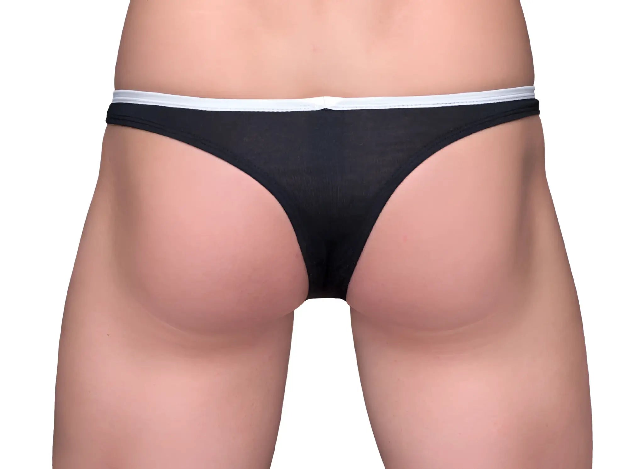 Black thong with a white elastic waistband shown from the back in the tartarus tear drop thong style