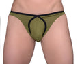 Olive green tartarus tear drop thong athletic briefs with black trim and supportive contoured design
