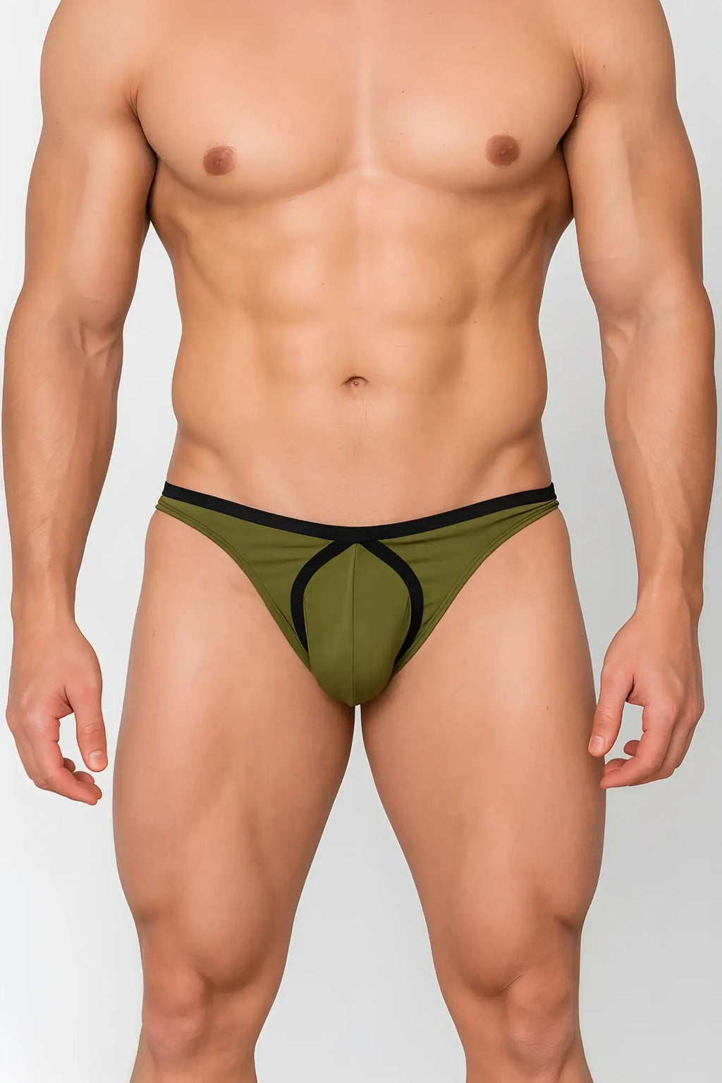 Olive green and black athletic tartarus tear drop thong with a distinctive cutout design shown from the back side