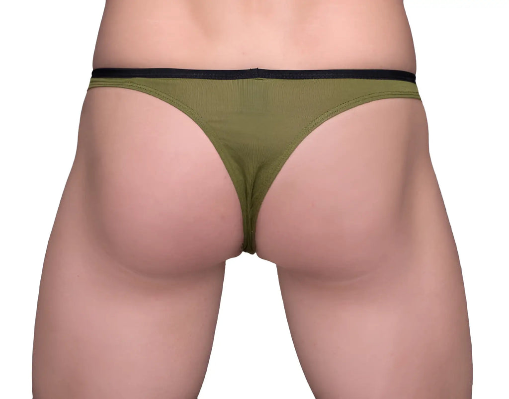 Olive green tartarus tear drop thong with black elastic waistband showing front side made of soft fabric