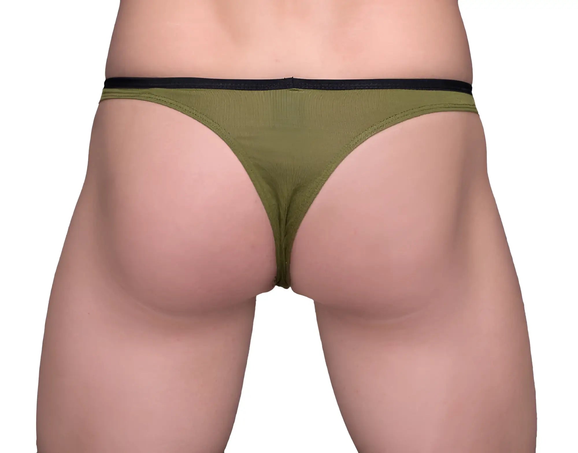 Olive green tartarus tear drop thong with black elastic waistband showing front side made of soft fabric