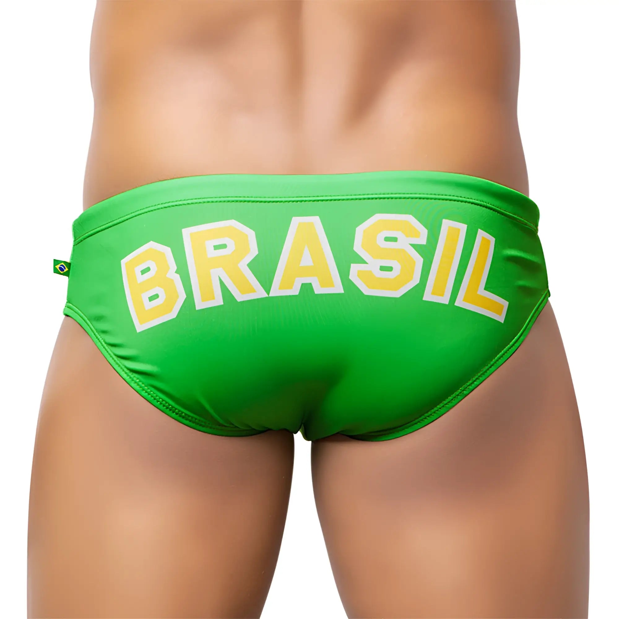 Bright green men’s designer swim trunks with bold yellow brasil lettering and a small brazilian flag tag