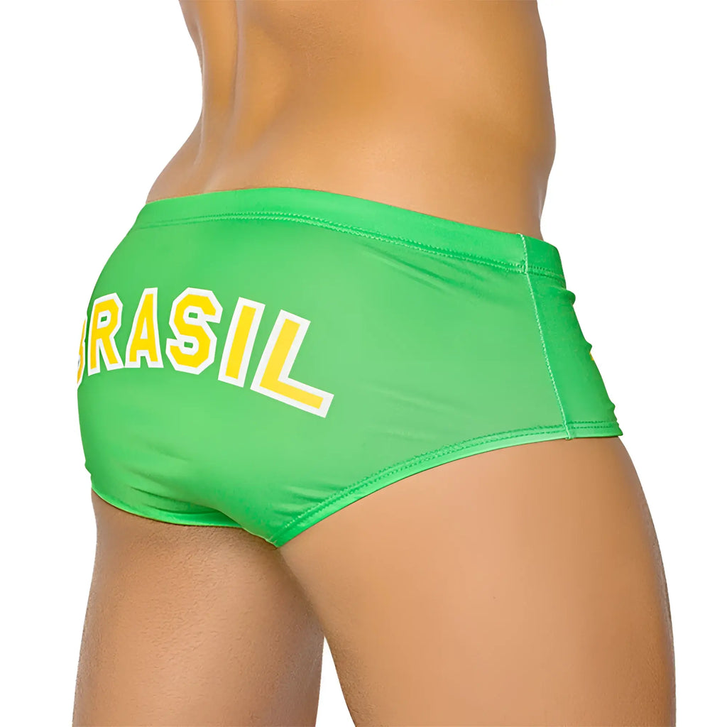 Back of bright green team brasil flag sunga swim trunks with bold yellow brasil lettering for men’s swimwear
