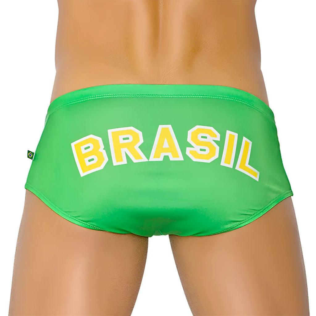 Bright green team brasil flag sunga men’s swimwear with bold yellow lettering white trim and brazilian flag tag