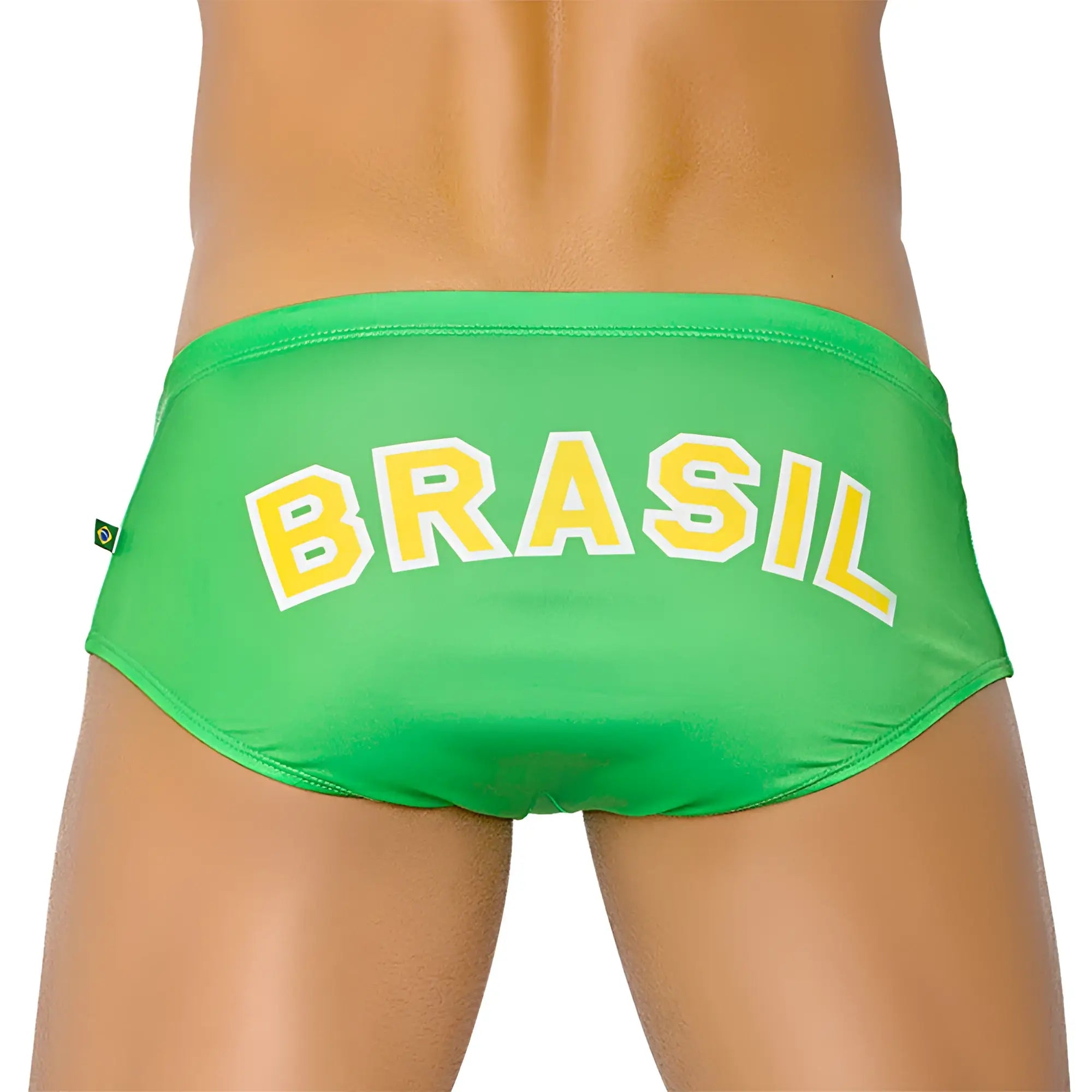Bright green team brasil flag sunga men’s swimwear with bold yellow lettering white trim and brazilian flag tag