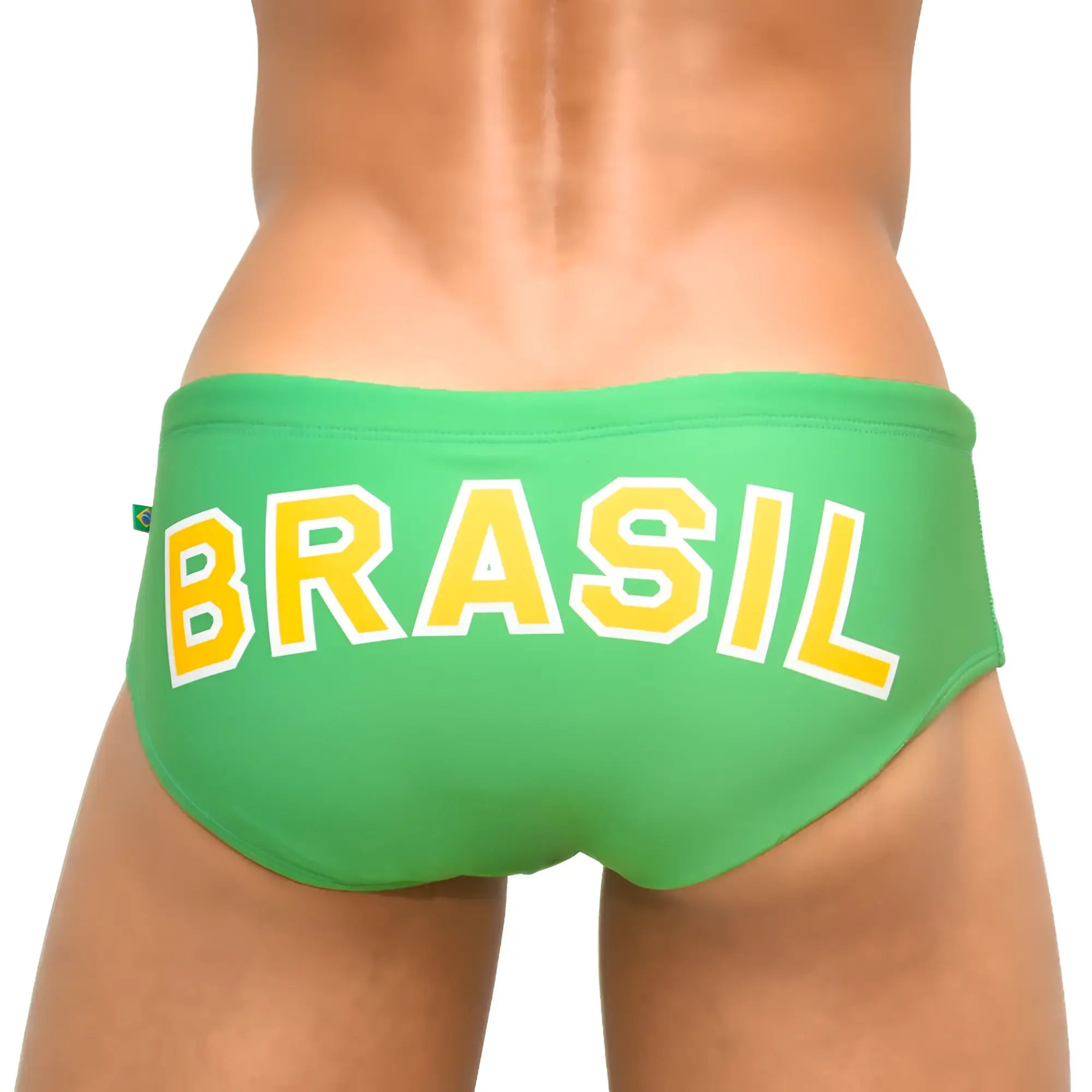 Green men’s designer swim trunks with bold yellow brasil lettering white trim and a small brazilian flag tag on side