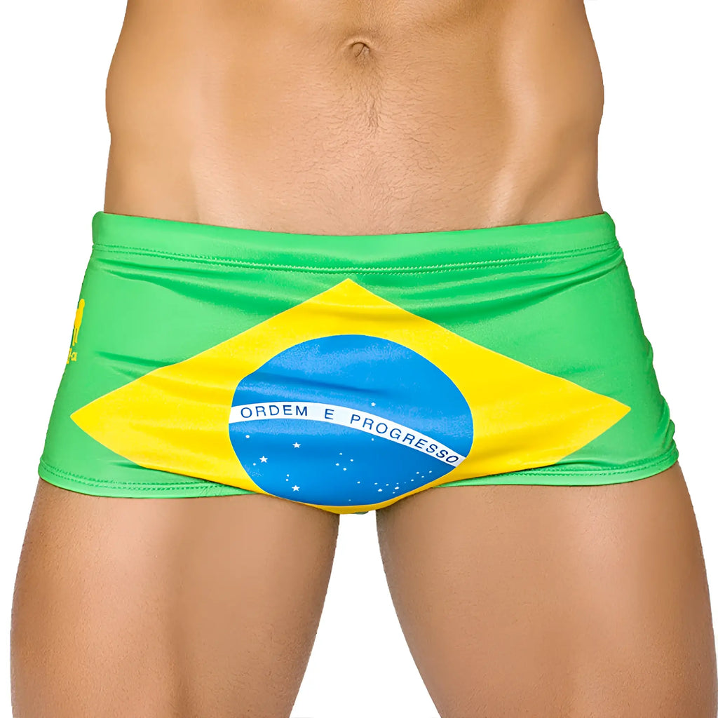 Men’s designer swimwear team brasil flag sunga green and yellow swim trunks with brazilian flag design and blue stars