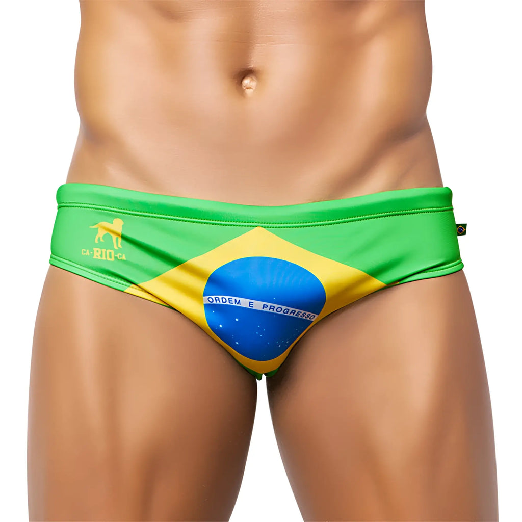 Team brasil flag sunga men’s designer swimwear featuring green yellow brazilian flag colors with ordem e progresso blue circle
