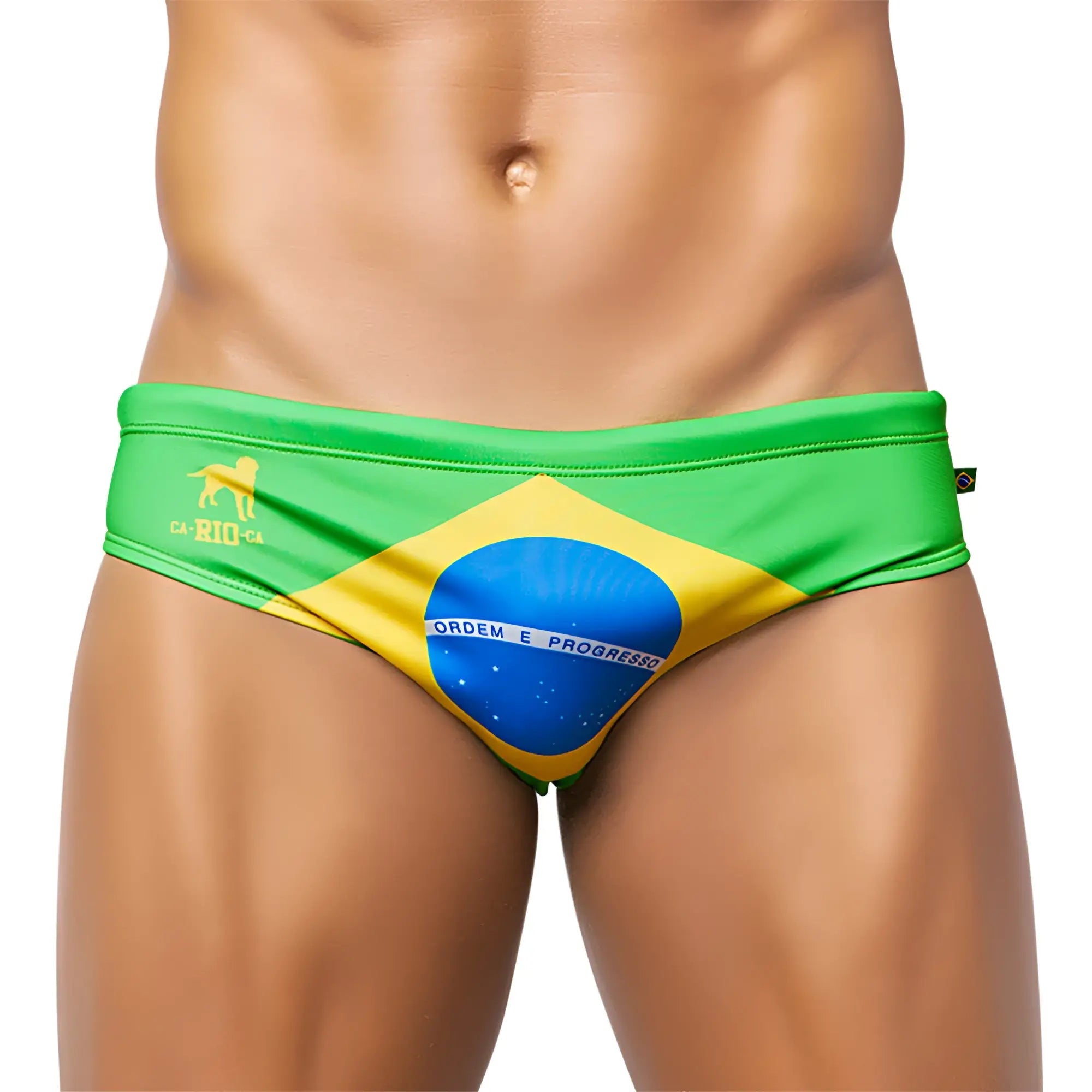 Team brasil flag sunga men’s designer swimwear featuring green yellow brazilian flag colors with ordem e progresso blue circle