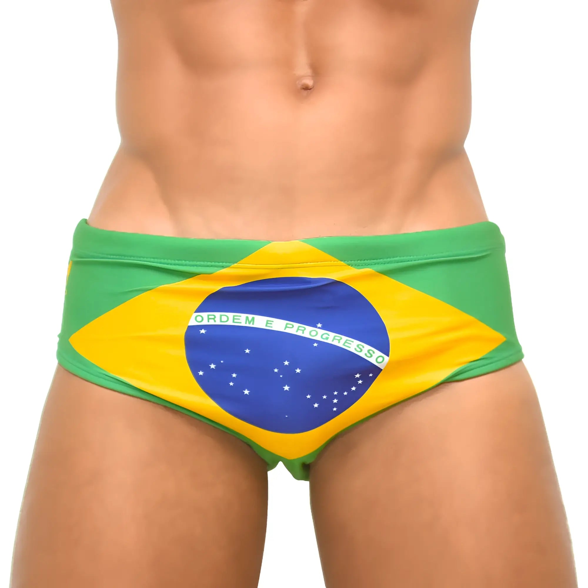 Men’s designer swimwear green and yellow team brasil flag sunga with blue circle white stars and ordem e progresso motto