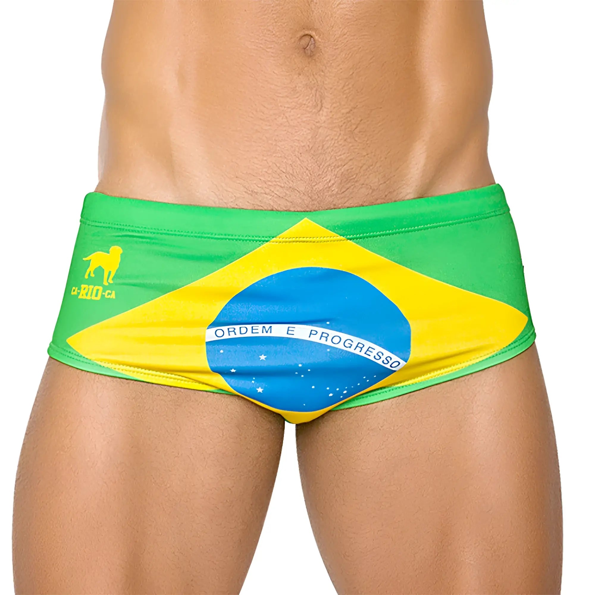 Men’s designer swimwear team brasil flag sunga in vibrant green yellow and blue with ordem e progresso banner