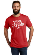 Red tri-blend cotton t-shirt with white team captain text and a small swimmer graphic for team use