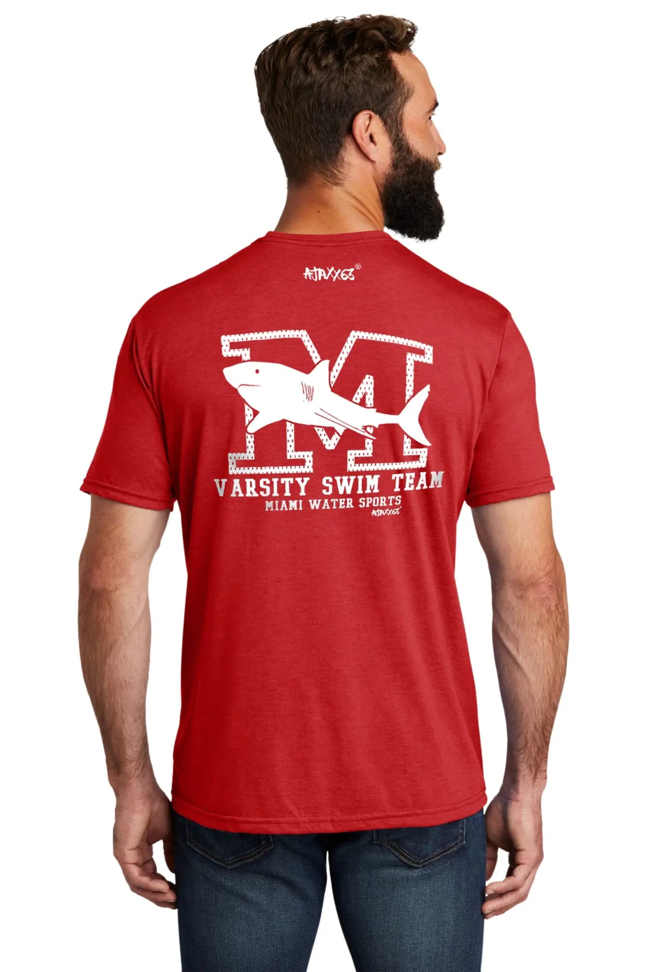 Red tri-blend short-sleeved team captain t-shirt with white shark graphic and varsity swim team miami water sports text