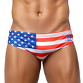 Men’s swim trunks in red white and blue with bold american flag graphic design for team usa swimming wear