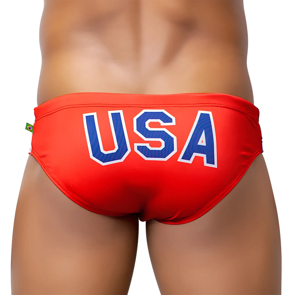 Team usa flag print sunga men’s swimwear featuring red trunks with bold blue usa lettering and a brazilian flag tag